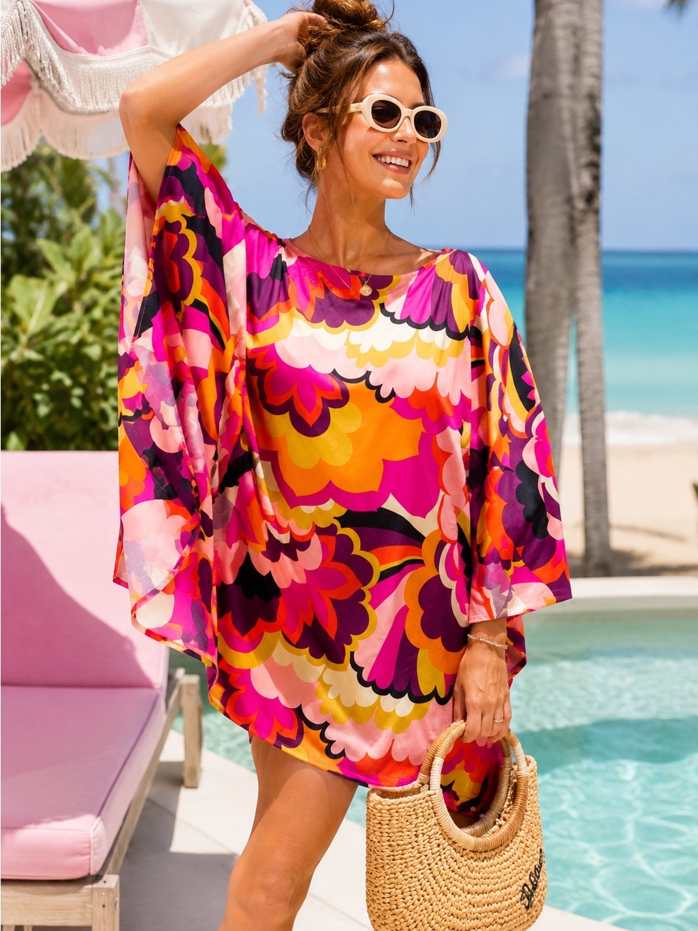 Imperfect Trina Turk retro‎ floral caftan tunic dress xs swim cover resort dress